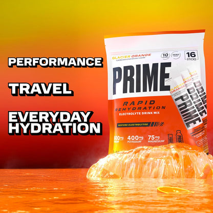 PRIME Rapid Rehydration Elektrolyt-Pulver-Sticks, Gletscherorange, Zuckerfreies Hydrationsgetränk mit Natrium, Kalium, Magnesium & B-Vitaminen zur Flüssigkeitsauffüllung, Koffeinfrei, 16 Stück