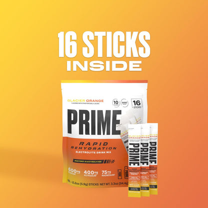 PRIME Rapid Rehydration Elektrolyt-Pulver-Sticks, Gletscherorange, Zuckerfreies Hydrationsgetränk mit Natrium, Kalium, Magnesium & B-Vitaminen zur Flüssigkeitsauffüllung, Koffeinfrei, 16 Stück