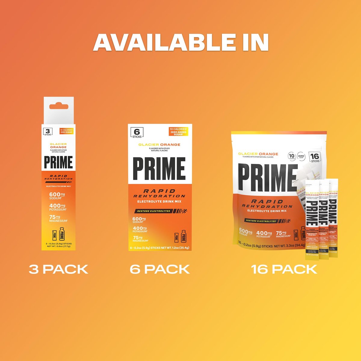 PRIME Rapid Rehydration Elektrolyt-Pulver-Sticks, Gletscherorange, Zuckerfreies Hydrationsgetränk mit Natrium, Kalium, Magnesium & B-Vitaminen zur Flüssigkeitsauffüllung, Koffeinfrei, 16 Stück