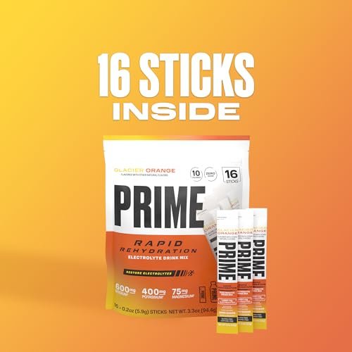 PRIME Rapid Rehydration Elektrolyt-Pulver-Sticks, Gletscherorange, Zuckerfreies Hydrationsgetränk mit Natrium, Kalium, Magnesium & B-Vitaminen zur Flüssigkeitsauffüllung, Koffeinfrei, 16 Stück