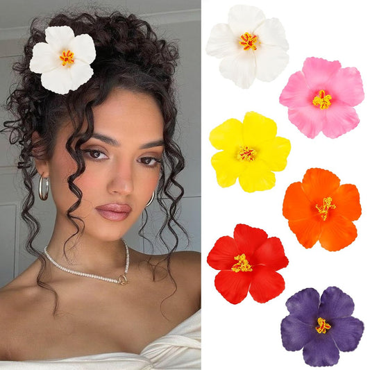 6er-Pack hawaiianische Haarspangen mit Blumen für Damen – 8,9 cm künstliche tropische Blumen-Haarspangen, Hibiskus-Haarspangen für Strand, Urlaub und Party