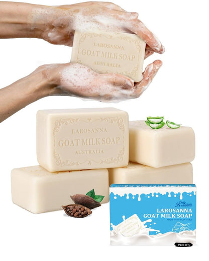 larosanna Australische Ziegenmilchseife – Feuchtigkeitsspendend, Glättend & Reinigend – 4er-Pack mit 6,35 oz pro Stück – Mit Kakaobutter, Aloe Vera & reinen Pflanzenölen