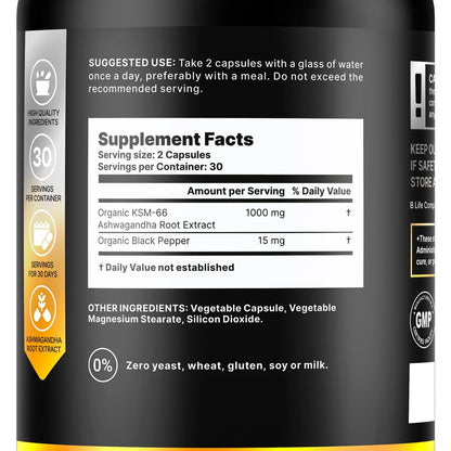 Bio Ashwagandha KSM-66 1000 mg Kapseln | Adaptogen für Cortisolabbau & Stressabbau | Stimmung, Ruhe & Schlaf für Männer & Frauen | 60 vegane Kapseln
