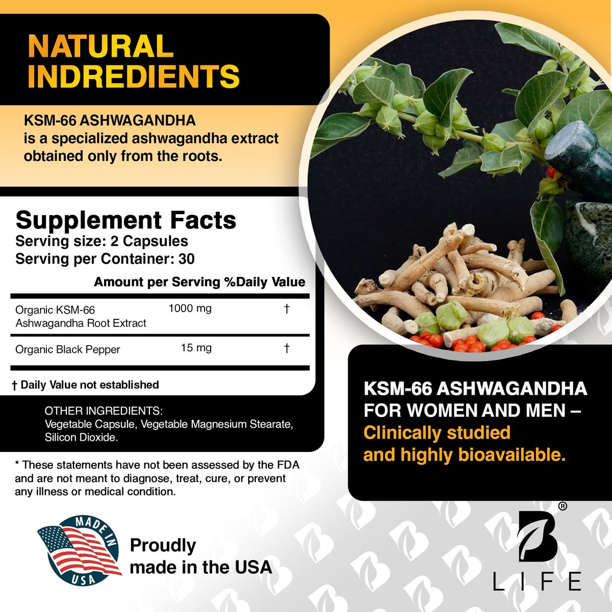 Bio Ashwagandha KSM-66 1000 mg Kapseln | Adaptogen für Cortisolabbau & Stressabbau | Stimmung, Ruhe & Schlaf für Männer & Frauen | 60 vegane Kapseln