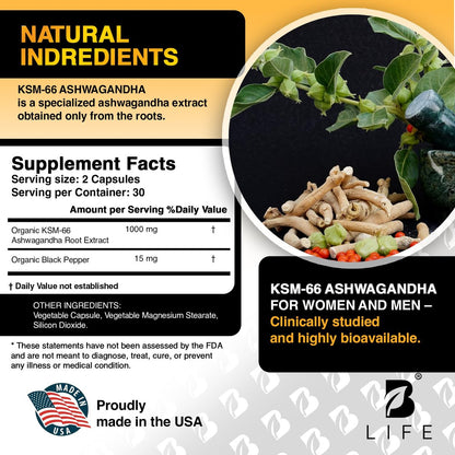 Bio Ashwagandha KSM-66 1000 mg Kapseln | Adaptogen für Cortisolabbau & Stressabbau | Stimmung, Ruhe & Schlaf für Männer & Frauen | 60 vegane Kapseln