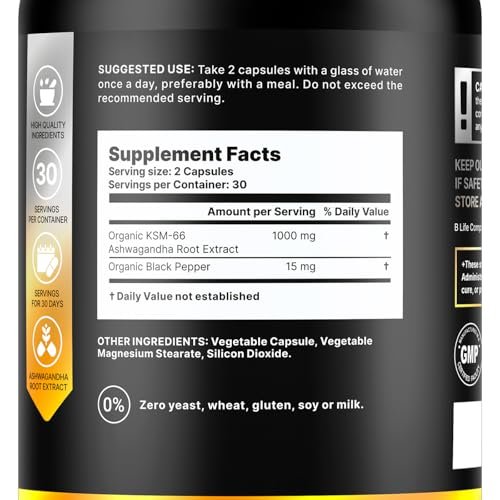 Bio Ashwagandha KSM-66 1000 mg Kapseln | Adaptogen für Cortisolabbau & Stressabbau | Stimmung, Ruhe & Schlaf für Männer & Frauen | 60 vegane Kapseln