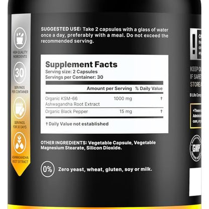 Bio Ashwagandha KSM-66 1000 mg Kapseln | Adaptogen für Cortisolabbau & Stressabbau | Stimmung, Ruhe & Schlaf für Männer & Frauen | 60 vegane Kapseln