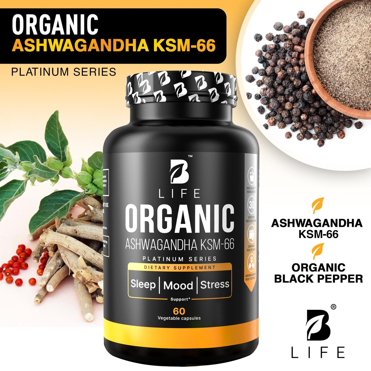 Bio Ashwagandha KSM-66 1000 mg Kapseln | Adaptogen für Cortisolabbau & Stressabbau | Stimmung, Ruhe & Schlaf für Männer & Frauen | 60 vegane Kapseln