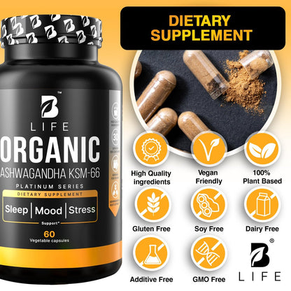 Bio Ashwagandha KSM-66 1000 mg Kapseln | Adaptogen für Cortisolabbau & Stressabbau | Stimmung, Ruhe & Schlaf für Männer & Frauen | 60 vegane Kapseln