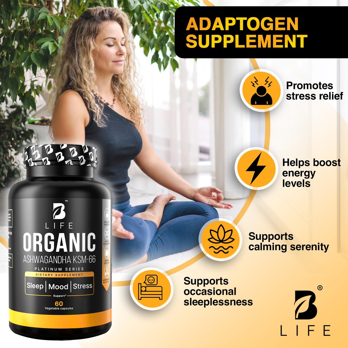 Bio Ashwagandha KSM-66 1000 mg Kapseln | Adaptogen für Cortisolabbau & Stressabbau | Stimmung, Ruhe & Schlaf für Männer & Frauen | 60 vegane Kapseln