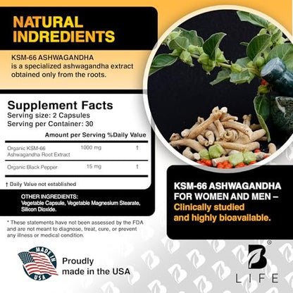 Bio Ashwagandha KSM-66 1000 mg Kapseln | Adaptogen für Cortisolabbau & Stressabbau | Stimmung, Ruhe & Schlaf für Männer & Frauen | 60 vegane Kapseln