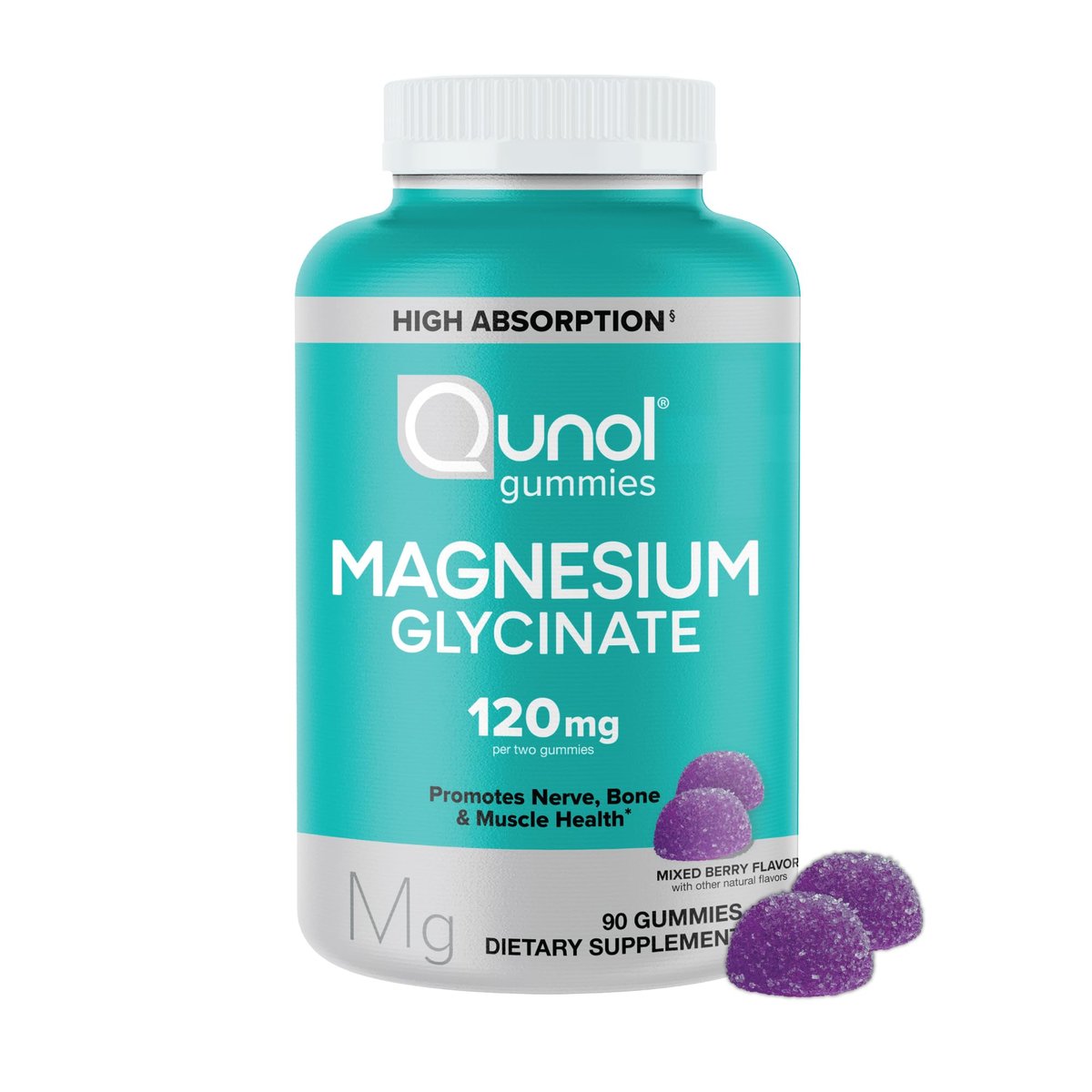 Qunol Magnesium Glycinat Gummis, 120 mg Magnesium Glycinat, Hohe Absorption, Mischbeeren, 90 Stück (1er Pack)