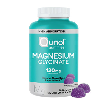 Qunol Magnesium Glycinat Gummis, 120 mg Magnesium Glycinat, Hohe Absorption, Mischbeeren, 90 Stück (1er Pack)
