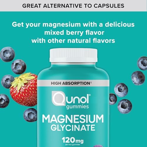 Qunol Magnesium Glycinat Gummis, 120 mg Magnesium Glycinat, Hohe Absorption, Mischbeeren, 90 Stück (1er Pack)