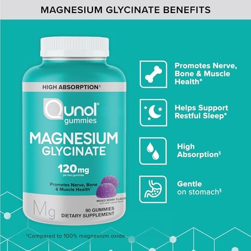 Qunol Magnesium Glycinat Gummis, 120 mg Magnesium Glycinat, Hohe Absorption, Mischbeeren, 90 Stück (1er Pack)