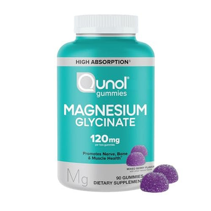 Qunol Magnesium Glycinat Gummis, 120 mg Magnesium Glycinat, Hohe Absorption, Mischbeeren, 90 Stück (1er Pack)