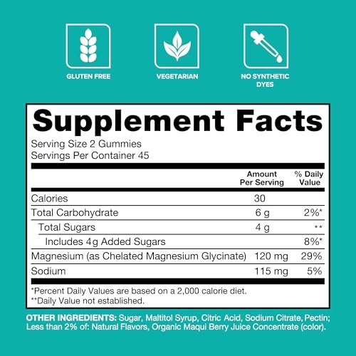 Qunol Magnesium Glycinat Gummis, 120 mg Magnesium Glycinat, Hohe Absorption, Mischbeeren, 90 Stück (1er Pack)