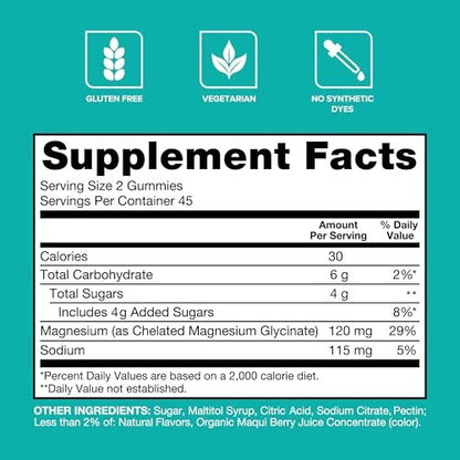 Qunol Magnesium Glycinat Gummis, 120 mg Magnesium Glycinat, Hohe Absorption, Mischbeeren, 90 Stück (1er Pack)