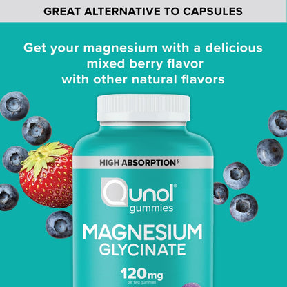 Qunol Magnesium Glycinat Gummis, 120 mg Magnesium Glycinat, Hohe Absorption, Mischbeeren, 90 Stück (1er Pack)
