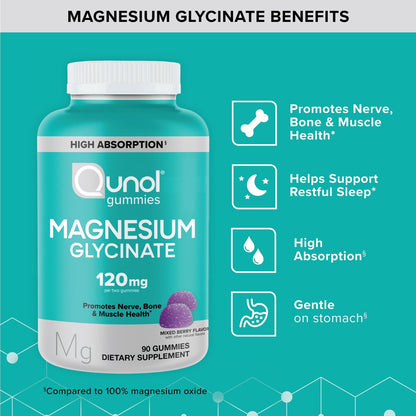 Qunol Magnesium Glycinat Gummis, 120 mg Magnesium Glycinat, Hohe Absorption, Mischbeeren, 90 Stück (1er Pack)