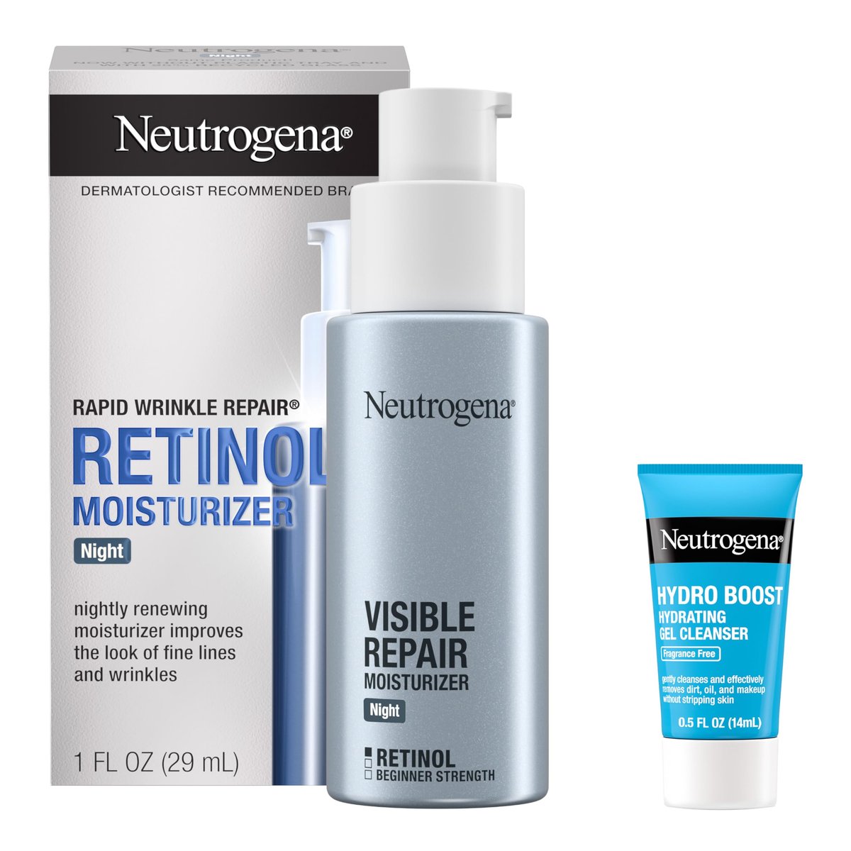 Neutrogena Rapid Wrinkle Repair Retinol Nachtcreme für das Gesicht, Anti-Aging Feuchtigkeitscreme mit Retinol & Hyaluronsäure, 1 fl. oz + Probiergröße Hydro Boost Gesichtsreiniger, 0,5 fl. oz