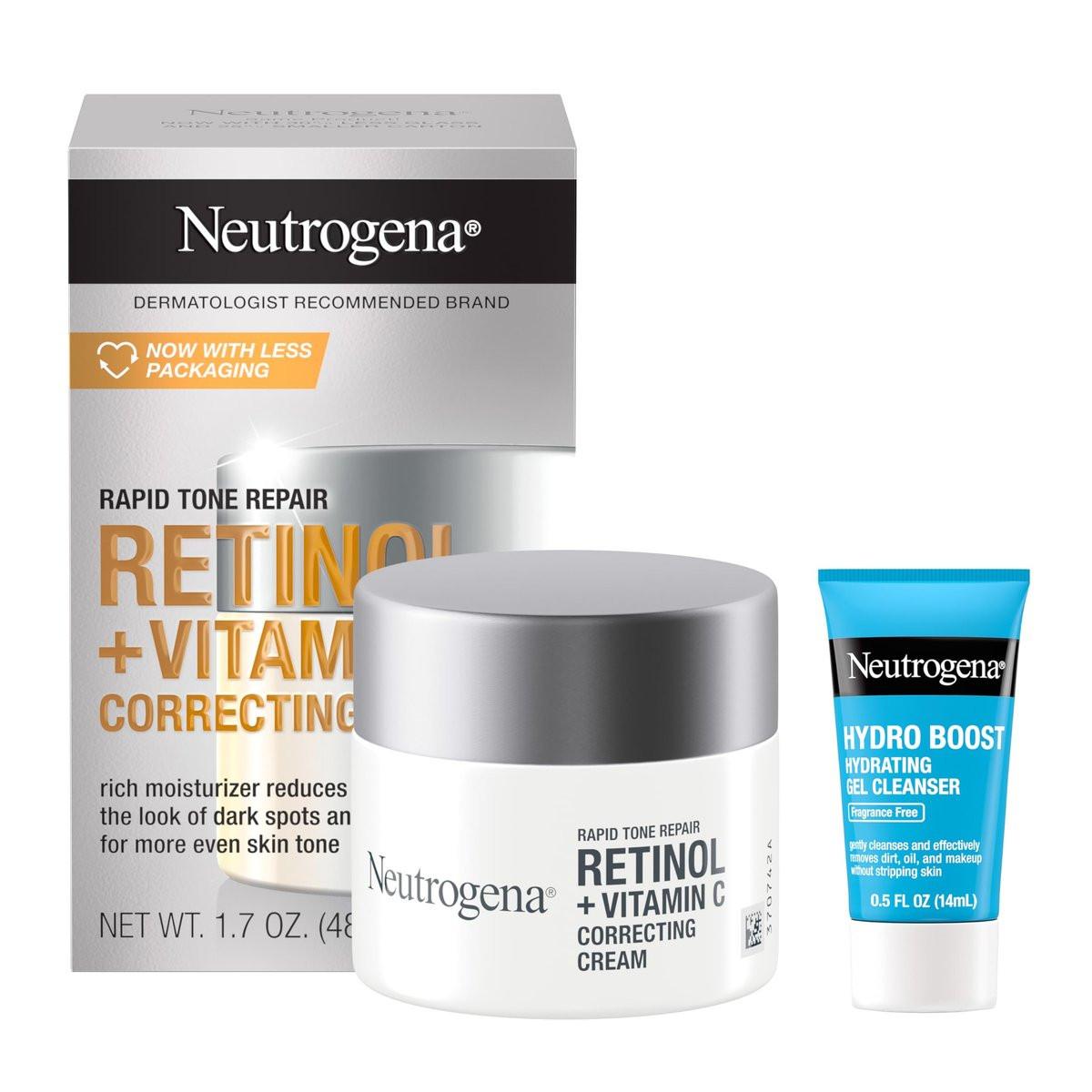 Neutrogena Rapid Tone Repair Retinol + Vitamin C Gesichtsfeuchtigkeitscreme, Dunkle-Flecken-Korrektor, Anti-Aging-Gesichtscreme für gleichmäßigen Teint 1,7 oz + Probiergröße Hydro Boost Gesichtsreiniger 0,5 fl. oz