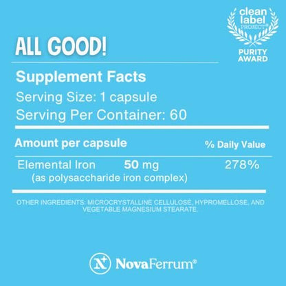 NovaFerrum All Good | Eisenkapseln für Erwachsene | Anämie | 50 mg Eisen | 60 Portionen | Zuckerfrei