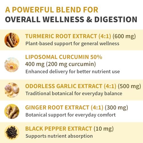 Liposomales Kurkuma – Hochabsorbierende Curcumin-Ergänzung, Non-GMO-Mischung für Verdauungskomfort & tägliche Unterstützung – Bio-Kurkuma-Präparat mit schwarzem Pfeffer (120 Kapseln, Packung mit 1)