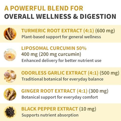 Liposomales Kurkuma – Hochabsorbierende Curcumin-Ergänzung, Non-GMO-Mischung für Verdauungskomfort & tägliche Unterstützung – Bio-Kurkuma-Präparat mit schwarzem Pfeffer (120 Kapseln, Packung mit 1)