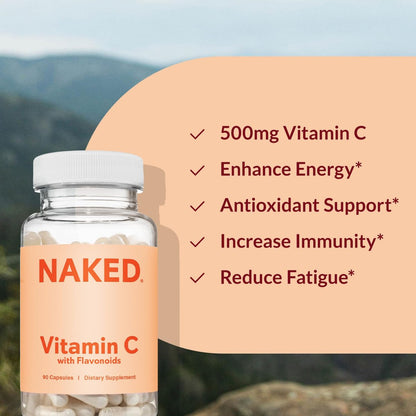 NAKED Vitamin C - 500 mg Ascorbinsäure Kapseln mit Citrus-Bioflavonoiden - Tägliche Antioxidantien und Immununterstützung* Hergestellt in den USA - Vegan, Nicht-GVO - 90 Kapseln