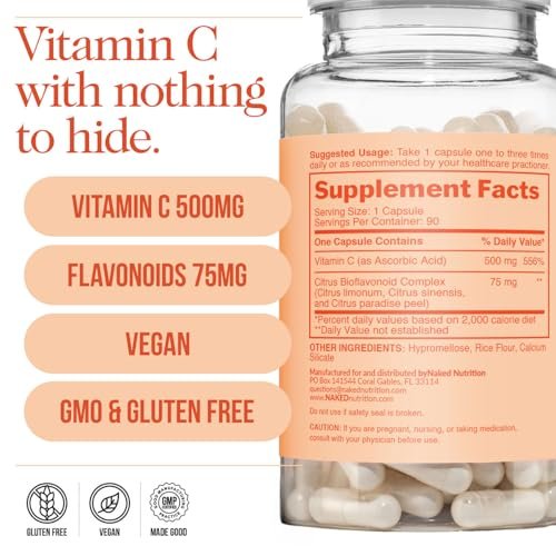 NAKED Vitamin C - 500 mg Ascorbinsäure Kapseln mit Citrus-Bioflavonoiden - Tägliche Antioxidantien und Immununterstützung* Hergestellt in den USA - Vegan, Nicht-GVO - 90 Kapseln