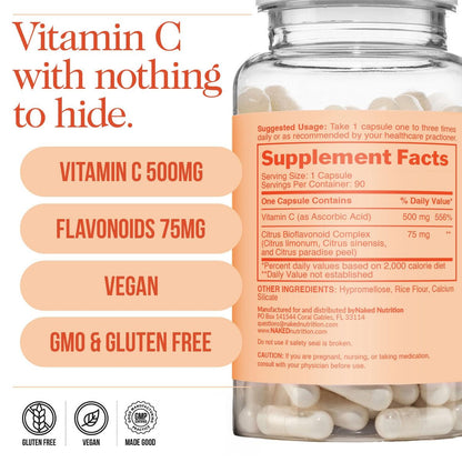 NAKED Vitamin C - 500 mg Ascorbinsäure Kapseln mit Citrus-Bioflavonoiden - Tägliche Antioxidantien und Immununterstützung* Hergestellt in den USA - Vegan, Nicht-GVO - 90 Kapseln