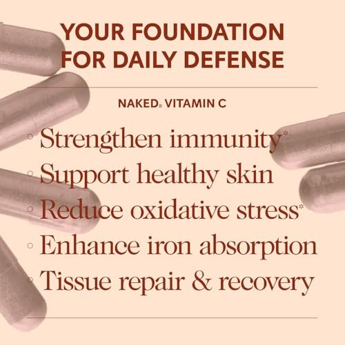 NAKED Vitamin C - 500 mg Ascorbinsäure Kapseln mit Citrus-Bioflavonoiden - Tägliche Antioxidantien und Immununterstützung* Hergestellt in den USA - Vegan, Nicht-GVO - 90 Kapseln