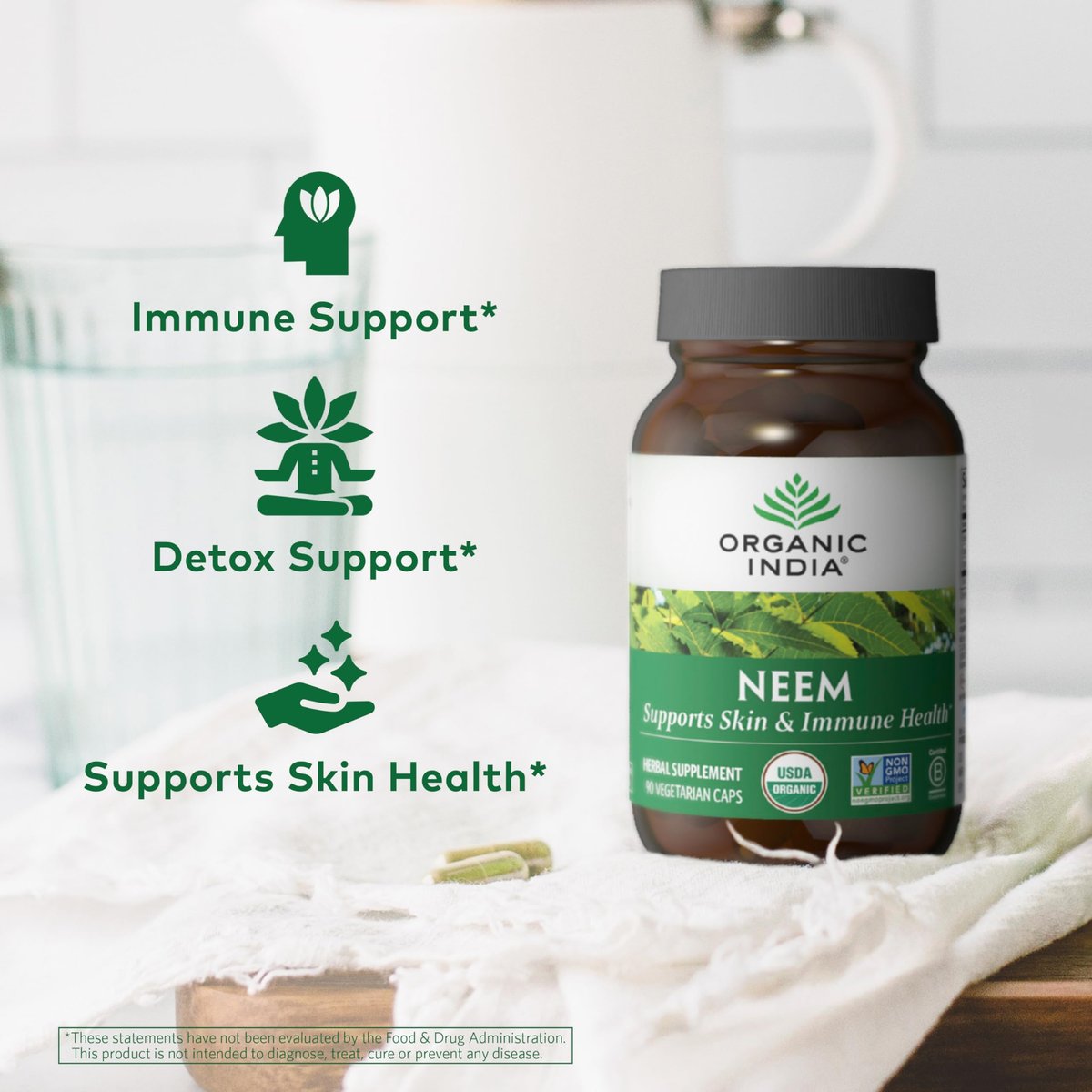 ORGANIC INDIA Neem Blatt Kapseln - Pflanzliches Nahrungsergänzungsmittel für Haut & Immunsystem, Vegan, Glutenfrei, USDA Bio - 90 Kapseln