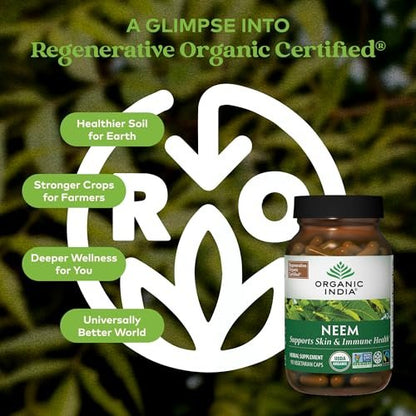 ORGANIC INDIA Neem Blatt Kapseln - Pflanzliches Nahrungsergänzungsmittel für Haut & Immunsystem, Vegan, Glutenfrei, USDA Bio - 90 Kapseln
