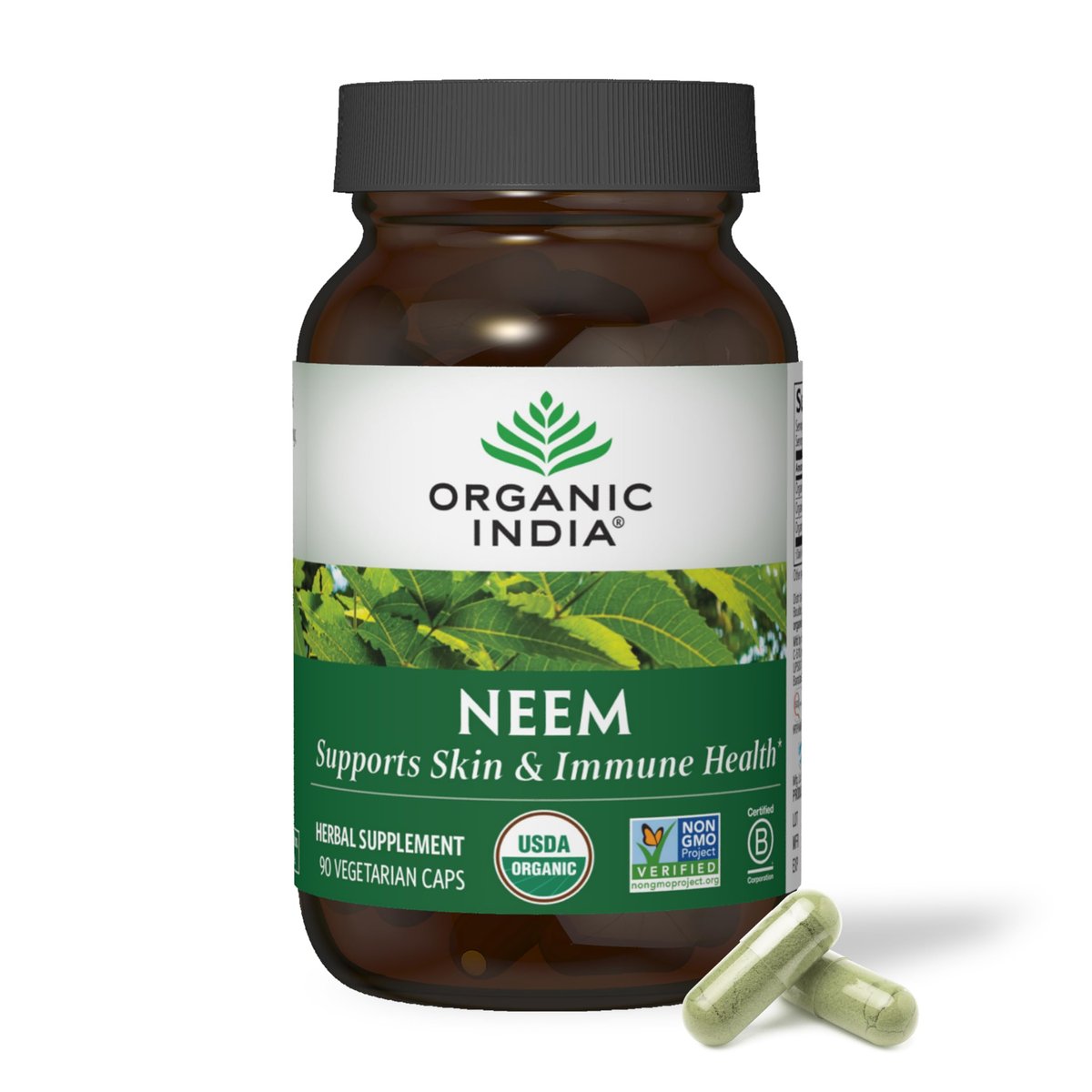 ORGANIC INDIA Neem Blatt Kapseln - Pflanzliches Nahrungsergänzungsmittel für Haut & Immunsystem, Vegan, Glutenfrei, USDA Bio - 90 Kapseln