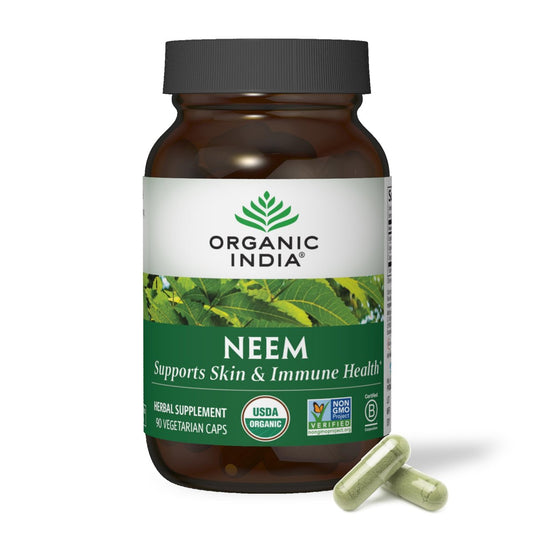 ORGANIC INDIA Neem Blatt Kapseln - Pflanzliches Nahrungsergänzungsmittel für Haut & Immunsystem, Vegan, Glutenfrei, USDA Bio - 90 Kapseln