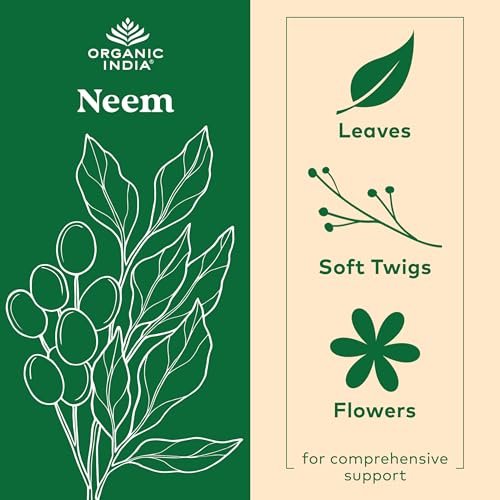 ORGANIC INDIA Neem Blatt Kapseln - Pflanzliches Nahrungsergänzungsmittel für Haut & Immunsystem, Vegan, Glutenfrei, USDA Bio - 90 Kapseln