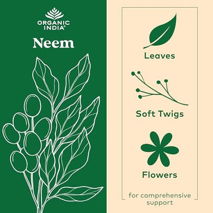 ORGANIC INDIA Neem Blatt Kapseln - Pflanzliches Nahrungsergänzungsmittel für Haut & Immunsystem, Vegan, Glutenfrei, USDA Bio - 90 Kapseln