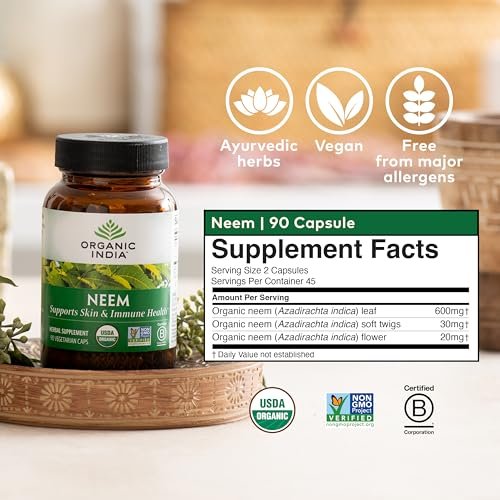 ORGANIC INDIA Neem Blatt Kapseln - Pflanzliches Nahrungsergänzungsmittel für Haut & Immunsystem, Vegan, Glutenfrei, USDA Bio - 90 Kapseln