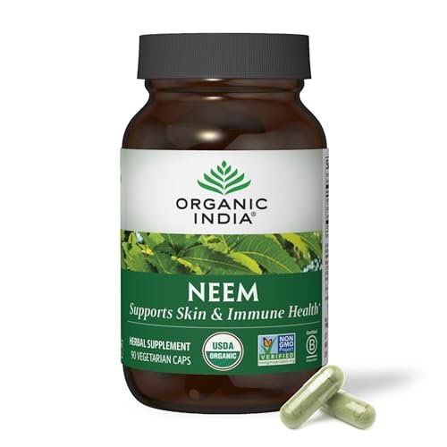 ORGANIC INDIA Neem Blatt Kapseln - Pflanzliches Nahrungsergänzungsmittel für Haut & Immunsystem, Vegan, Glutenfrei, USDA Bio - 90 Kapseln