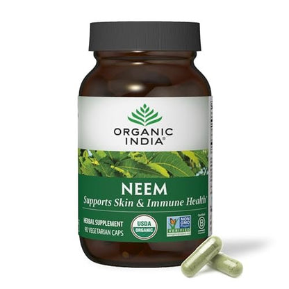 ORGANIC INDIA Neem Blatt Kapseln - Pflanzliches Nahrungsergänzungsmittel für Haut & Immunsystem, Vegan, Glutenfrei, USDA Bio - 90 Kapseln
