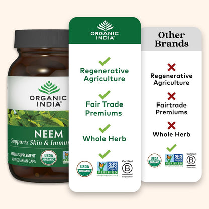 ORGANIC INDIA Neem Blatt Kapseln - Pflanzliches Nahrungsergänzungsmittel für Haut & Immunsystem, Vegan, Glutenfrei, USDA Bio - 90 Kapseln