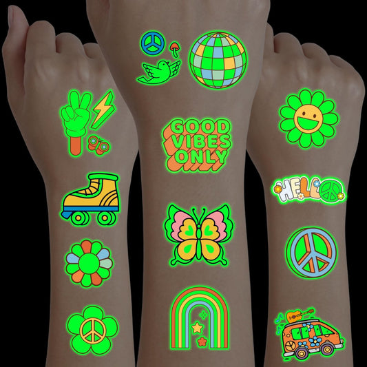 96PCS Groovy 70s Pre-Cut Temporäre Tattoos - Retro Flower Power, Good Vibes Partydeko & Mitgebsel | Süße Tattoo-Aufkleber Geschenk für Kinder, Jungen & Mädchen Preisgeschenke (Leuchten im Dunkeln)