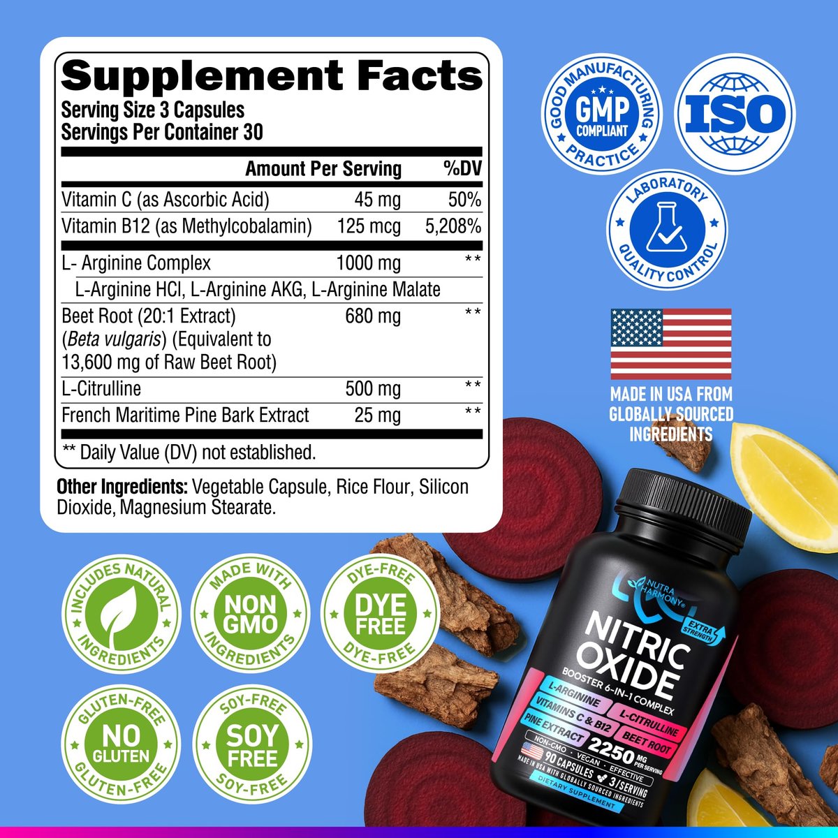 Nitric-Oxid-Supplement für Männer & Frauen 2250 mg - Nitric-Oxid-Booster mit Kiefernrinde | L-Arginin | L-Citrullin | Rote Bete | Vitamin C & B12 - Muskeln, Energie & Durchblutung - Laborgetestet, 90 Kapseln