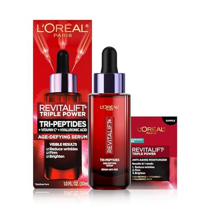 L'Oreal Paris Revitalift Triple Power Gesichtsserum mit Tri-Peptiden, Hyaluronsäure und Vitamin C – Anti-Aging, Anti-Falten Serum für Festigkeit und Strahlkraft, 30 ml + Probe