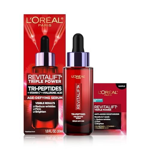 L'Oreal Paris Revitalift Triple Power Gesichtsserum mit Tri-Peptiden, Hyaluronsäure und Vitamin C – Anti-Aging, Anti-Falten Serum für Festigkeit und Strahlkraft, 30 ml + Probe