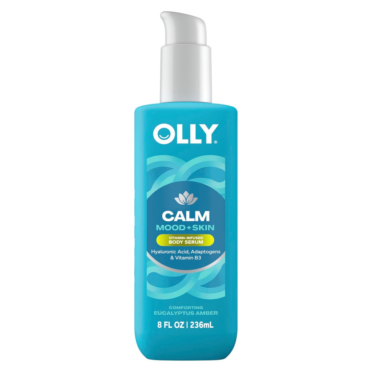 OLLY Calm Body Lotion-Serum mit Hyaluronsäure, Adaptogenen & Vitamin B3 – Nährende Reinigung für Hautbarriere-Reparatur, tiefe Hydratation, Eukalyptus-Amber-Duft, 237 ml