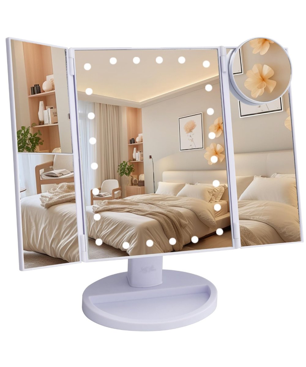 Ms. Pen- Tri-Fold Makeup Spiegel mit Beleuchtung, 9" x 13.6", 1X/2X/3X/10X Vergrößerung, 24 LED Touchscreen, Doppelstromversorgung, 180° Drehung, Tragbarer Kosmetikspiegel für Make-up & Reisen