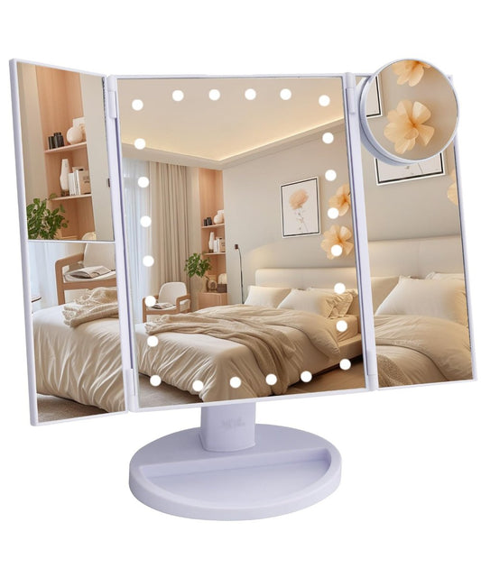 Ms. Pen- Tri-Fold Makeup Spiegel mit Beleuchtung, 9" x 13.6", 1X/2X/3X/10X Vergrößerung, 24 LED Touchscreen, Doppelstromversorgung, 180° Drehung, Tragbarer Kosmetikspiegel für Make-up & Reisen